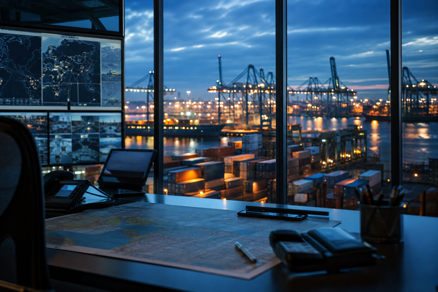 Logistics operations office overlooking a container port