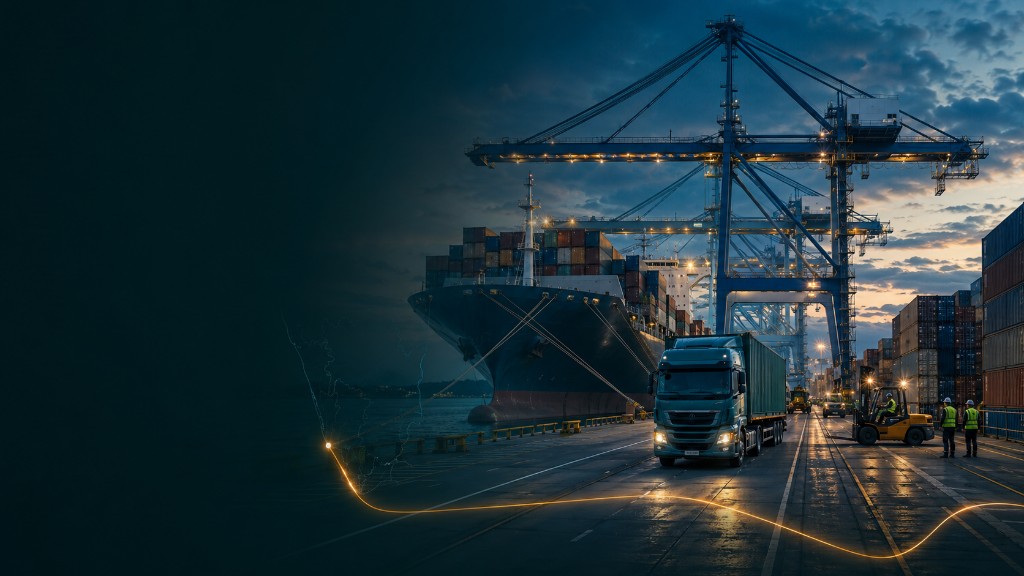 Container port operations with haulage truck, forklift and cargo ship at dusk