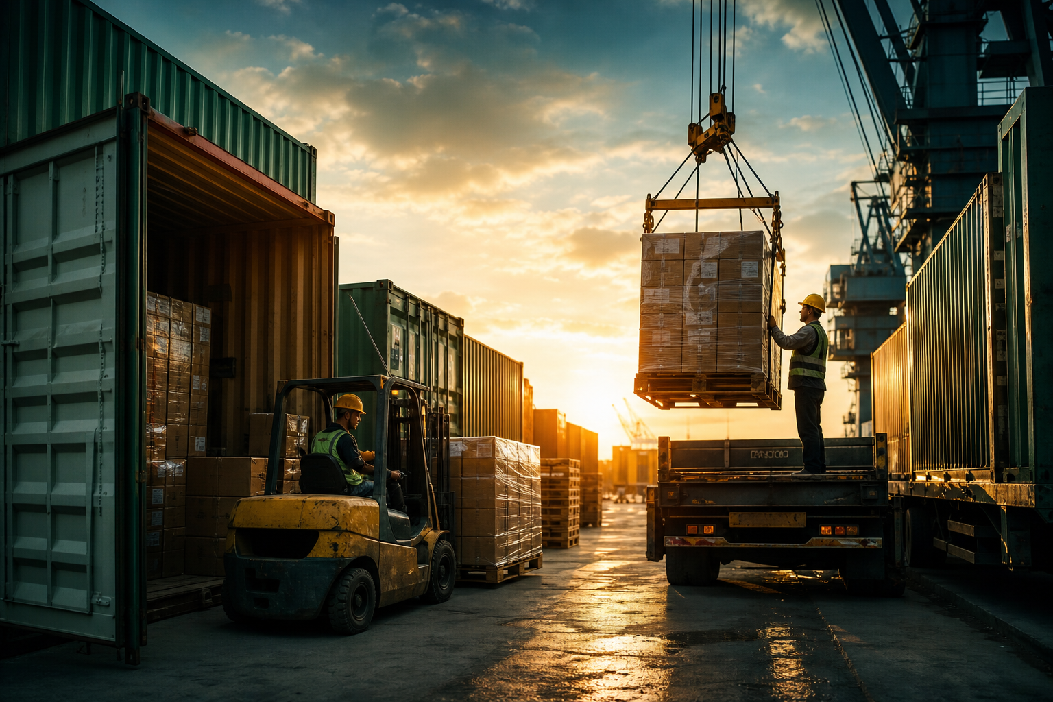 Container handling and cargo support equipment at a logistics yard